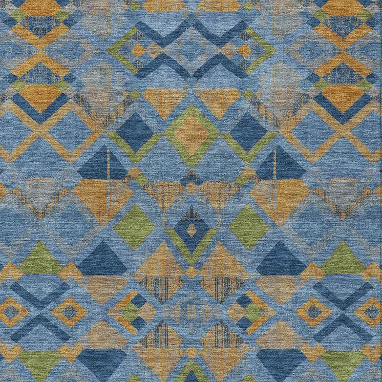 9' X 12' Denim Blue Gold And Green Geometric Washable Indoor Outdoor Area Rug