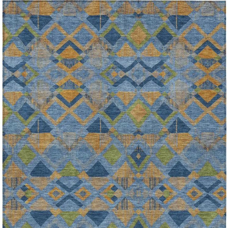 10' X 14' Denim Blue Gold And Green Geometric Washable Indoor Outdoor Area Rug