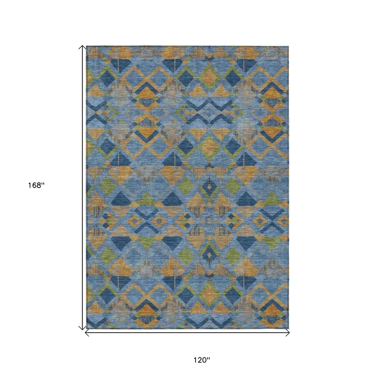 10' X 14' Denim Blue Gold And Green Geometric Washable Indoor Outdoor Area Rug