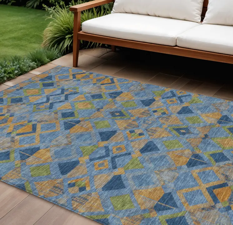 10' X 14' Denim Blue Gold And Green Geometric Washable Indoor Outdoor Area Rug