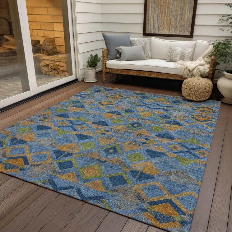 10' X 14' Denim Blue Gold And Green Geometric Washable Indoor Outdoor Area Rug