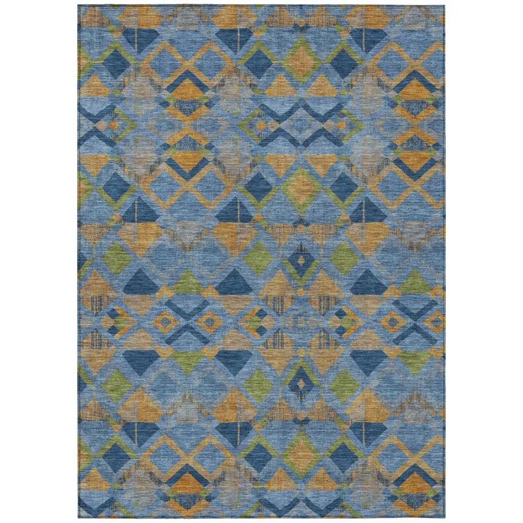 10' X 14' Denim Blue Gold And Green Geometric Washable Indoor Outdoor Area Rug