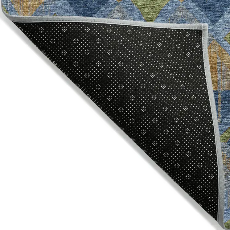 10' X 14' Denim Blue Gold And Green Geometric Washable Indoor Outdoor Area Rug