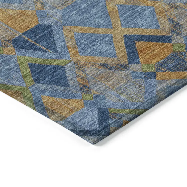 10' X 14' Denim Blue Gold And Green Geometric Washable Indoor Outdoor Area Rug