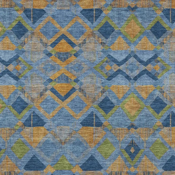 10' X 14' Denim Blue Gold And Green Geometric Washable Indoor Outdoor Area Rug