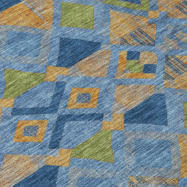 10' X 14' Denim Blue Gold And Green Geometric Washable Indoor Outdoor Area Rug