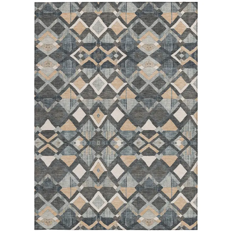 3' X 5' Graphite And Cream Geometric Washable Indoor Outdoor Area Rug