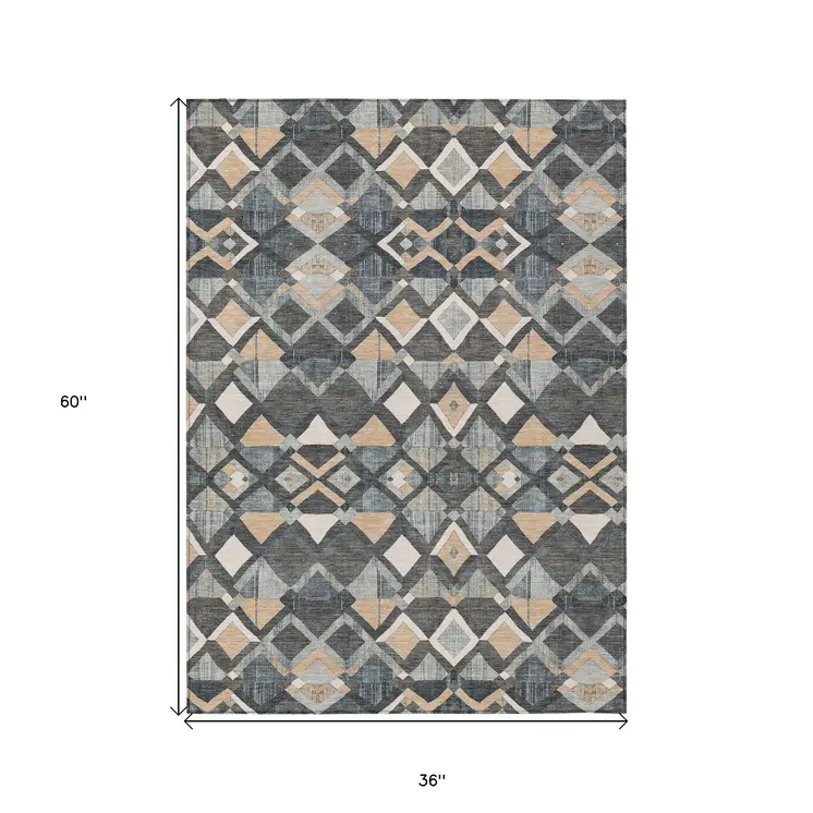 3' X 5' Graphite And Cream Geometric Washable Indoor Outdoor Area Rug
