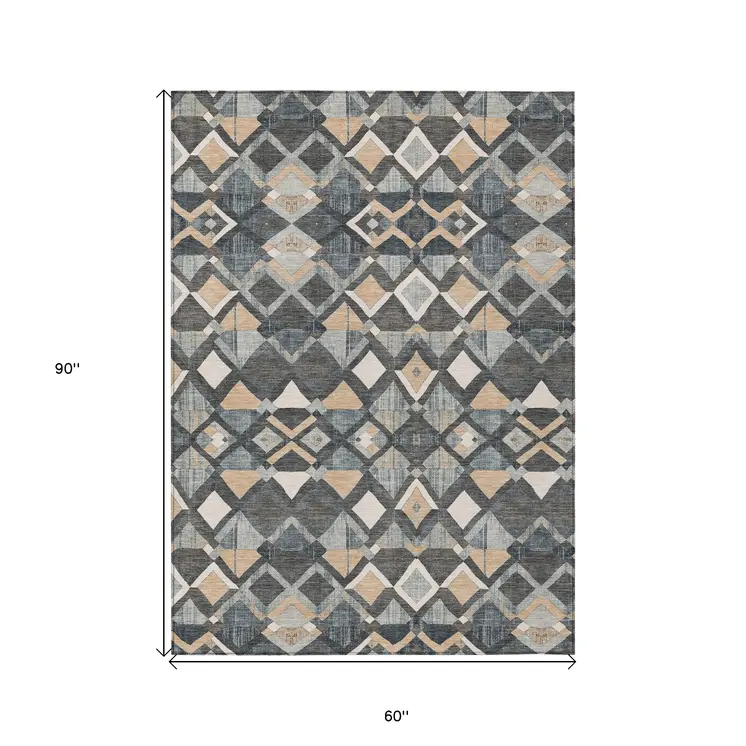 5' X 8' Graphite And Cream Geometric Washable Indoor Outdoor Area Rug