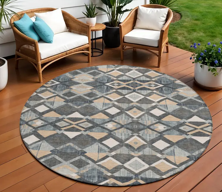 8' Graphite And Cream Round Geometric Washable Indoor Outdoor Area Rug