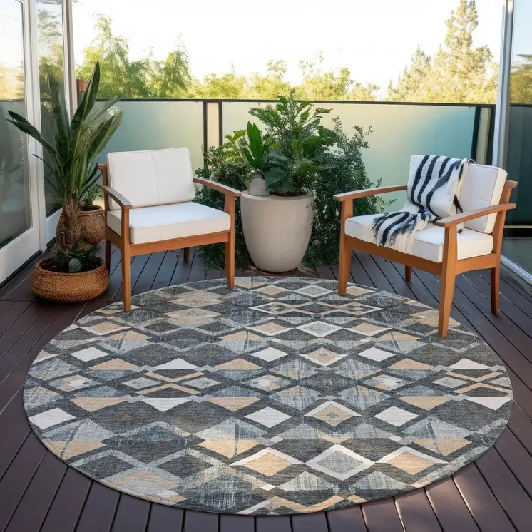 8' Graphite And Cream Round Geometric Washable Indoor Outdoor Area Rug