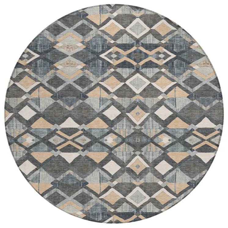 8' Graphite And Cream Round Geometric Washable Indoor Outdoor Area Rug