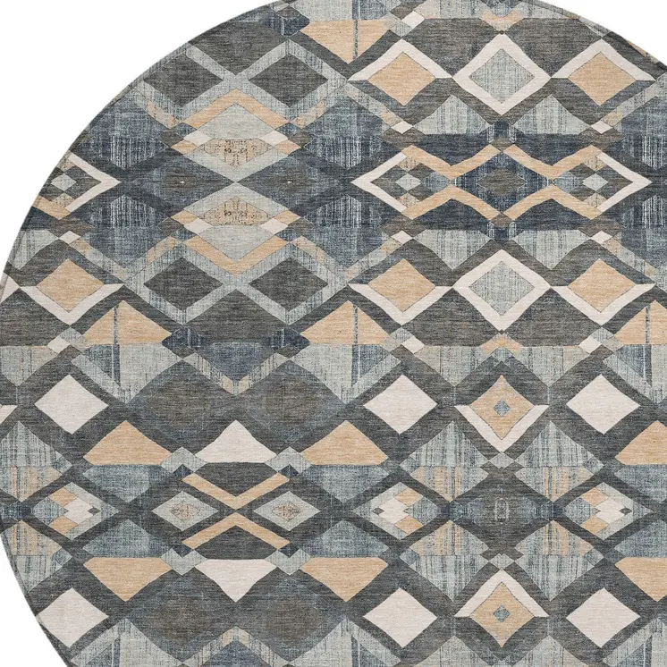 8' Graphite And Cream Round Geometric Washable Indoor Outdoor Area Rug