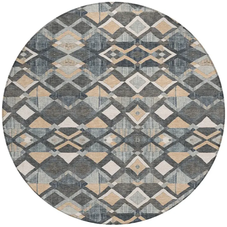 8' Graphite And Cream Round Geometric Washable Indoor Outdoor Area Rug