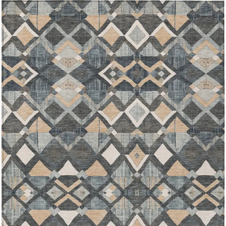 10' X 14' Graphite And Cream Geometric Washable Indoor Outdoor Area Rug