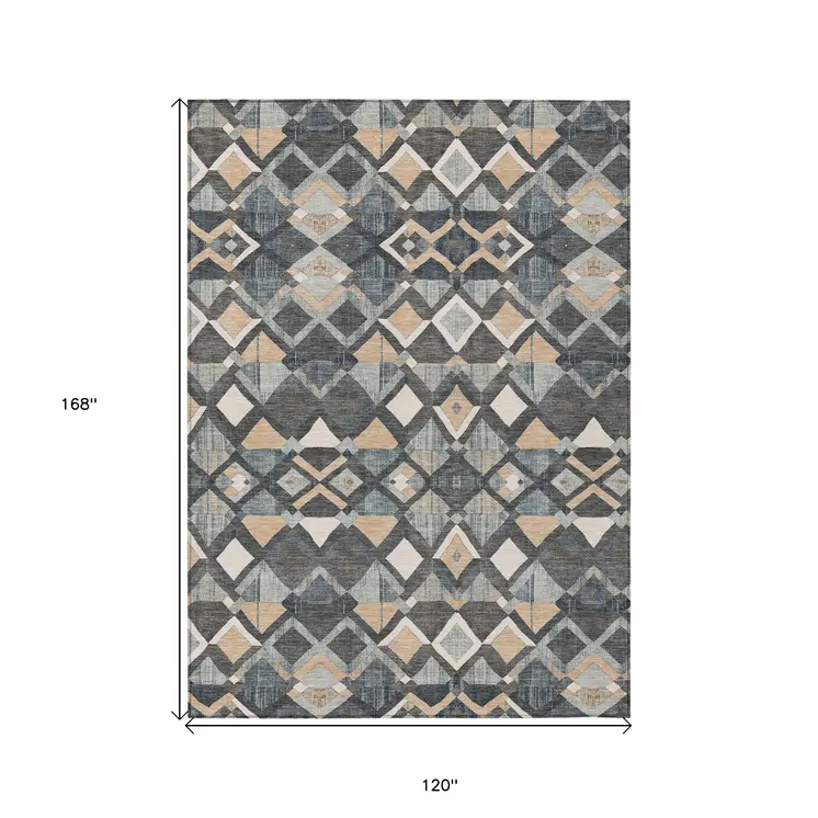 10' X 14' Graphite And Cream Geometric Washable Indoor Outdoor Area Rug