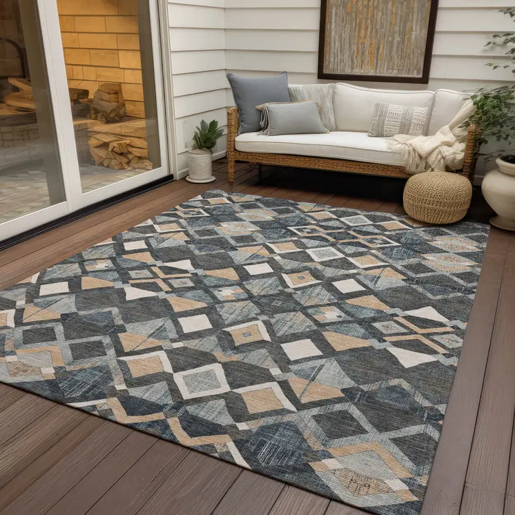10' X 14' Graphite And Cream Geometric Washable Indoor Outdoor Area Rug