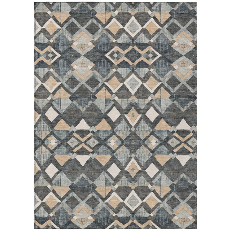 10' X 14' Graphite And Cream Geometric Washable Indoor Outdoor Area Rug
