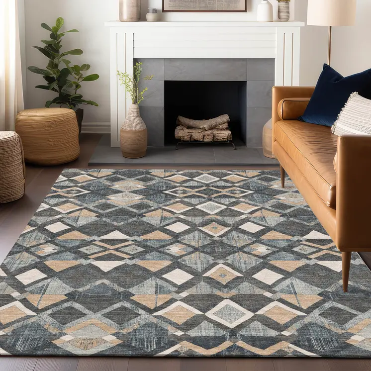 10' X 14' Graphite And Cream Geometric Washable Indoor Outdoor Area Rug