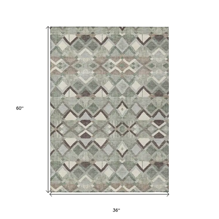 3' X 5' Sage And Off White Geometric Washable Indoor Outdoor Area Rug