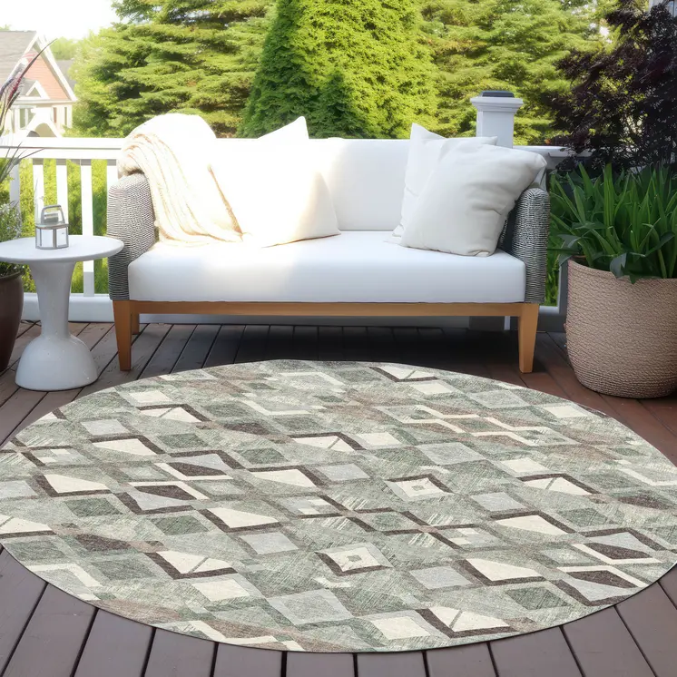8' Sage And Off White Round Geometric Washable Indoor Outdoor Area Rug