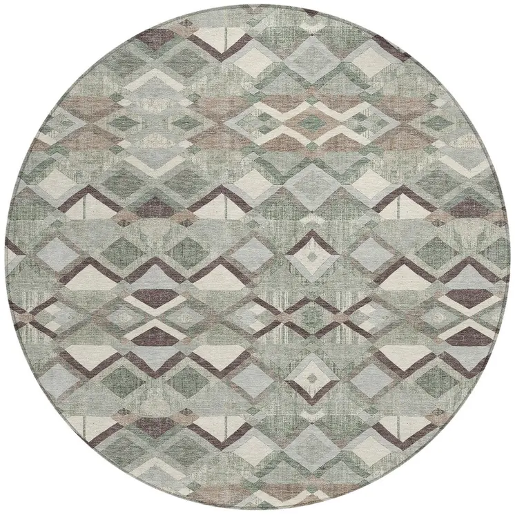 8' Sage And Off White Round Geometric Washable Indoor Outdoor Area Rug