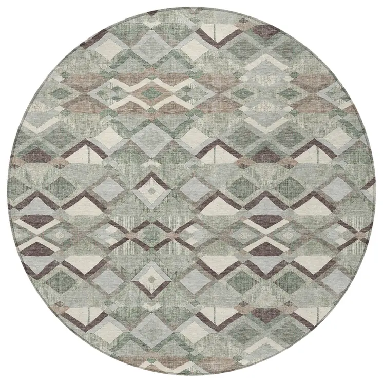 8' Sage And Off White Round Geometric Washable Indoor Outdoor Area Rug