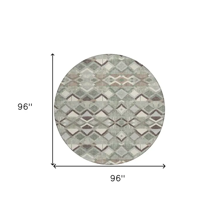 8' Sage And Off White Round Geometric Washable Indoor Outdoor Area Rug