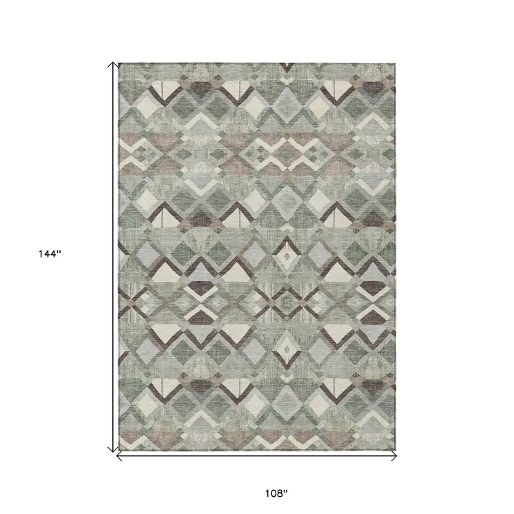 9' X 12' Sage And Off White Geometric Washable Indoor Outdoor Area Rug