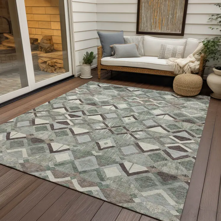 9' X 12' Sage And Off White Geometric Washable Indoor Outdoor Area Rug