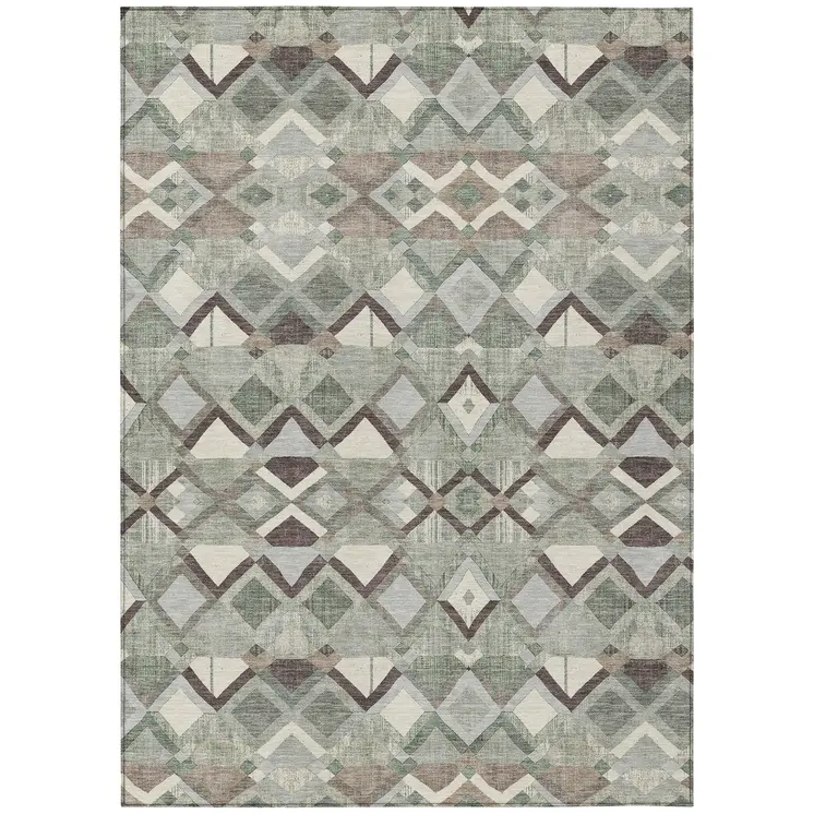 9' X 12' Sage And Off White Geometric Washable Indoor Outdoor Area Rug
