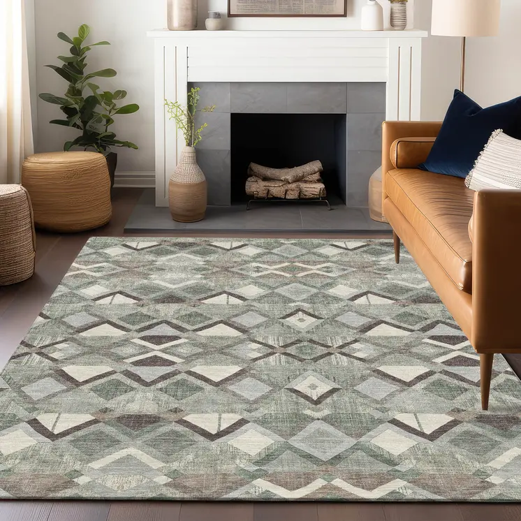 9' X 12' Sage And Off White Geometric Washable Indoor Outdoor Area Rug