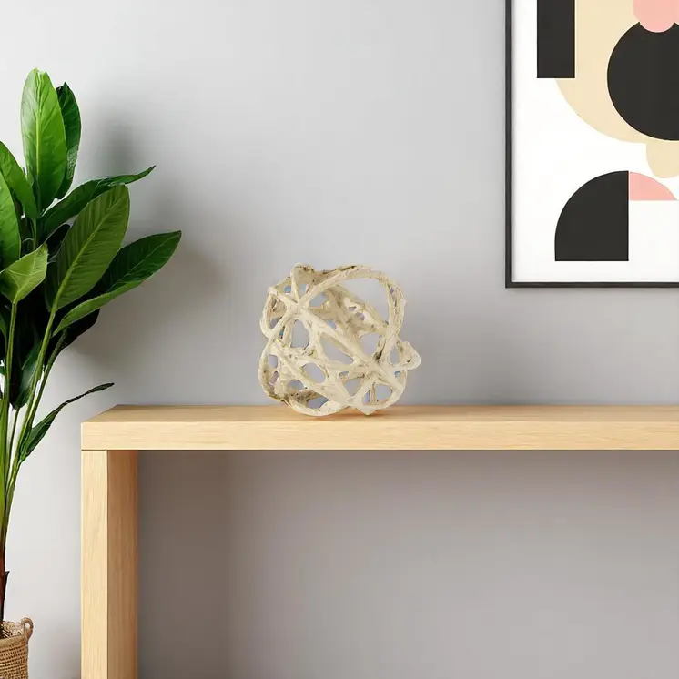5" Beige Metal And Paper Orb Tabletop Sculpture