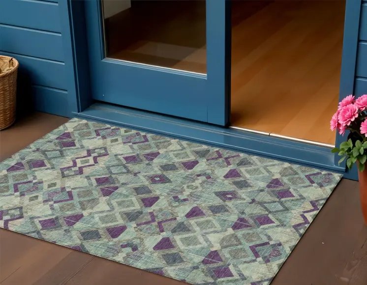 3' X 5' Blue And Purple Geometric Washable Indoor Outdoor Area Rug