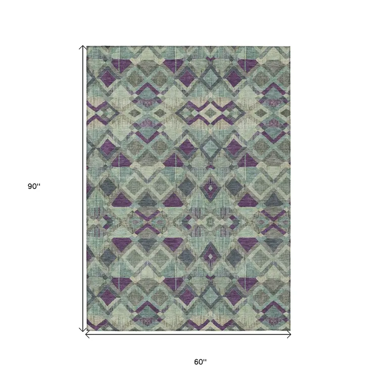 5' X 8' Blue And Purple Geometric Washable Indoor Outdoor Area Rug