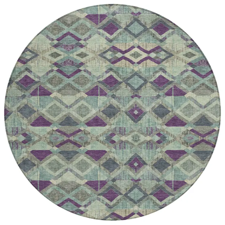 8' Blue And Purple Round Geometric Washable Indoor Outdoor Area Rug