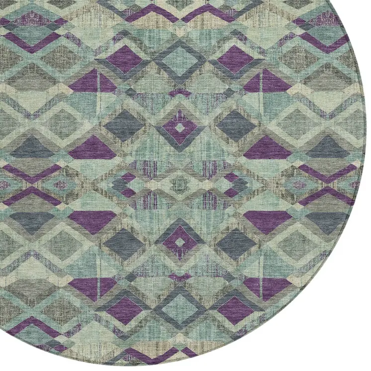 8' Blue And Purple Round Geometric Washable Indoor Outdoor Area Rug