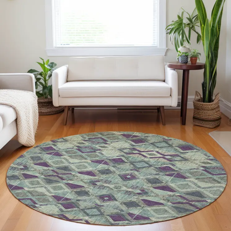 8' Blue And Purple Round Geometric Washable Indoor Outdoor Area Rug