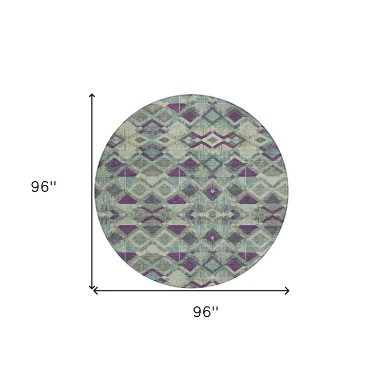 8' Blue And Purple Round Geometric Washable Indoor Outdoor Area Rug