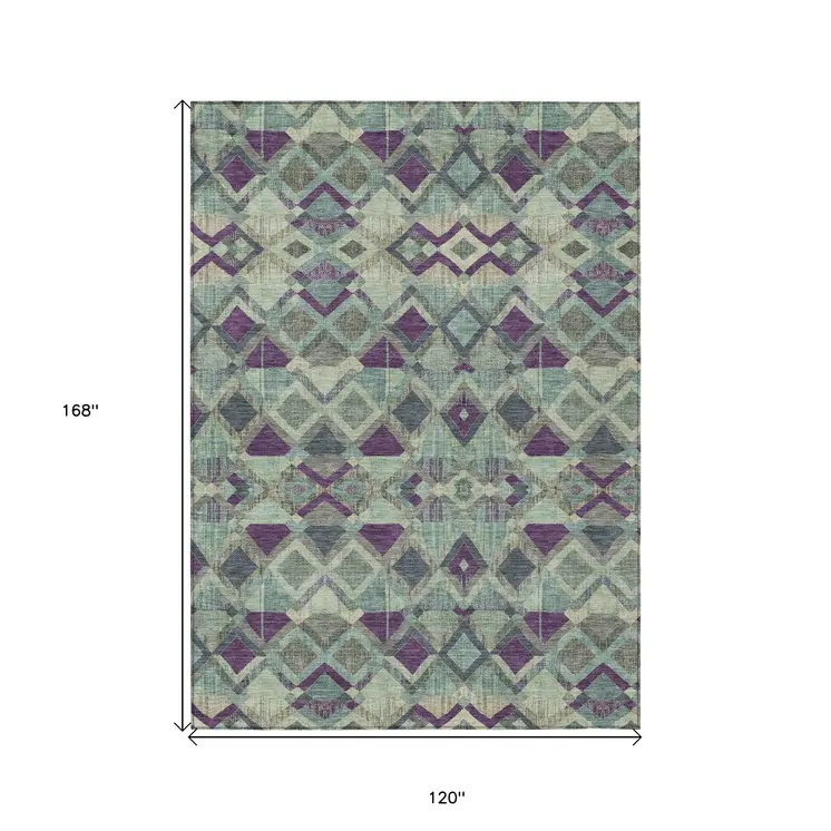 10' X 14' Blue And Purple Geometric Washable Indoor Outdoor Area Rug