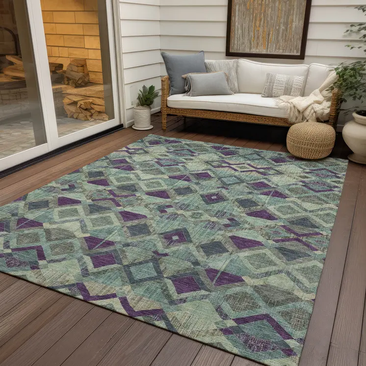 10' X 14' Blue And Purple Geometric Washable Indoor Outdoor Area Rug