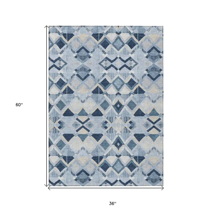 3' X 5' Sky Blue And Slate Blue Geometric Washable Indoor Outdoor Area Rug