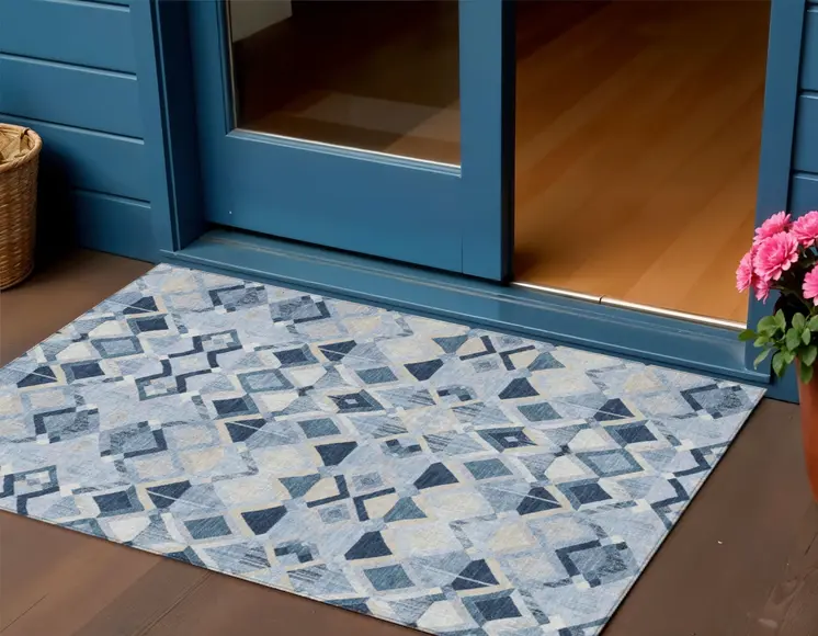3' X 5' Sky Blue And Slate Blue Geometric Washable Indoor Outdoor Area Rug