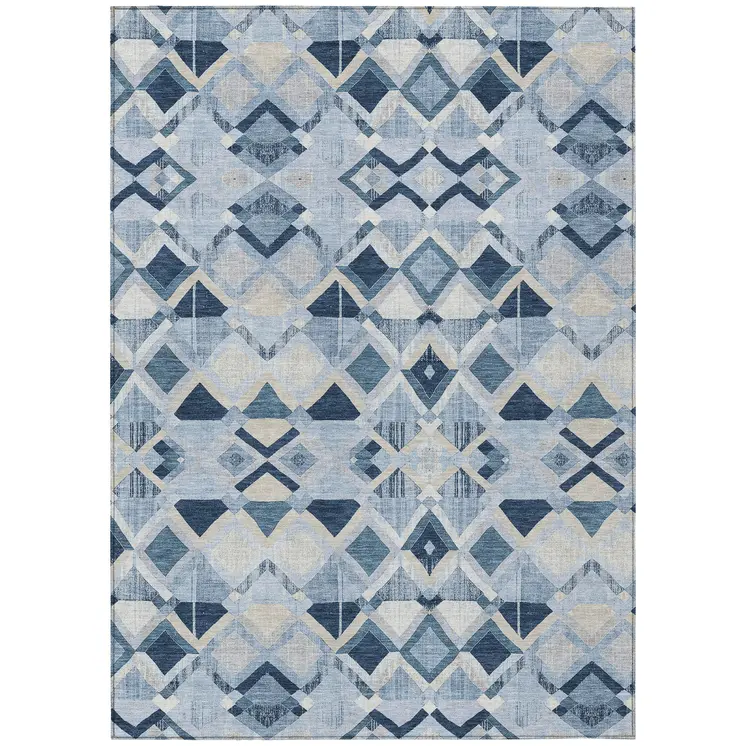 3' X 5' Sky Blue And Slate Blue Geometric Washable Indoor Outdoor Area Rug