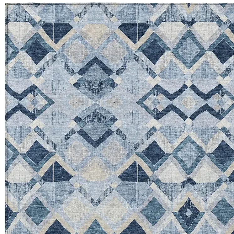 3' X 5' Sky Blue And Slate Blue Geometric Washable Indoor Outdoor Area Rug
