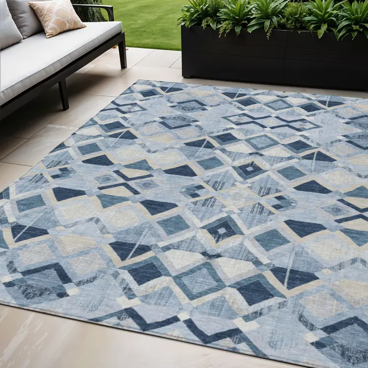 5' X 8' Sky Blue And Slate Blue Geometric Washable Indoor Outdoor Area Rug