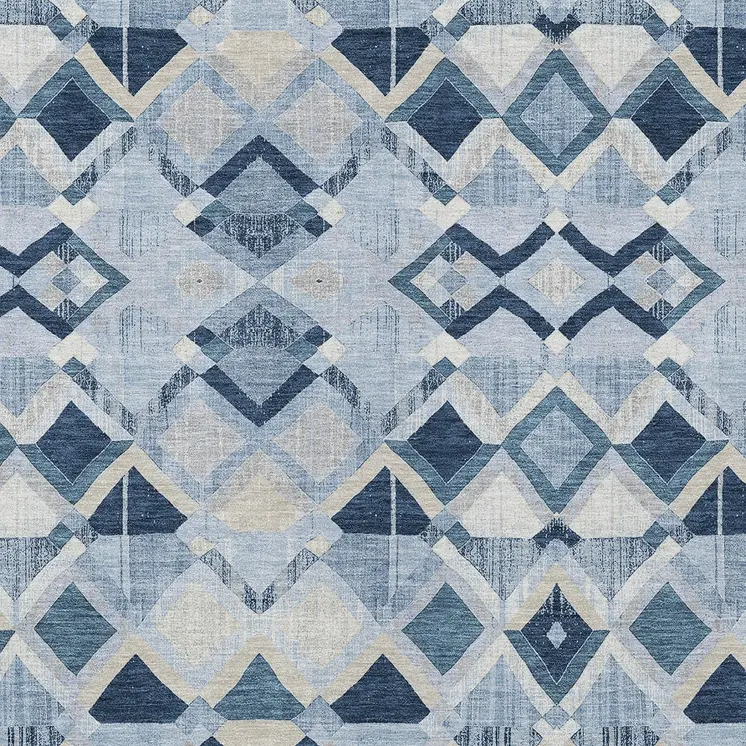 5' X 8' Sky Blue And Slate Blue Geometric Washable Indoor Outdoor Area Rug
