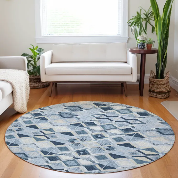 8' Sky Blue And Slate Blue Round Geometric Washable Indoor Outdoor Area Rug