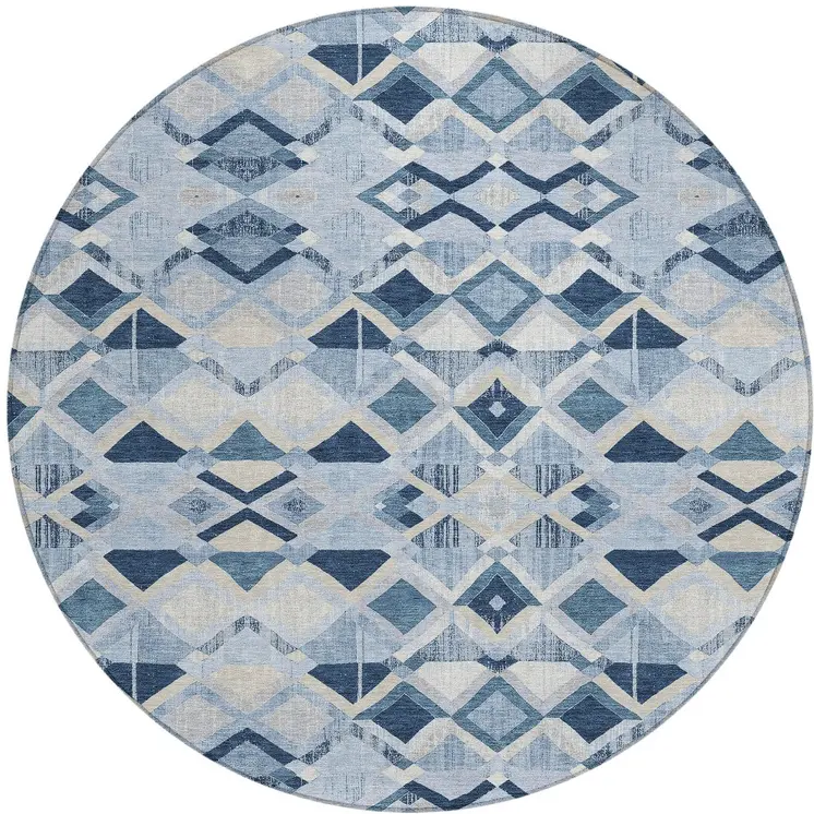 8' Sky Blue And Slate Blue Round Geometric Washable Indoor Outdoor Area Rug