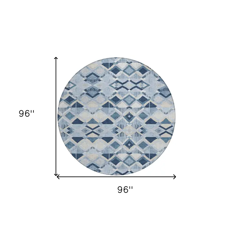 8' Sky Blue And Slate Blue Round Geometric Washable Indoor Outdoor Area Rug